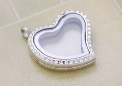 FLOATING HEART LIVING MEMORY CRYSTAL LOCKET STAINLESS STEEL PENDANT SILVER PFH3