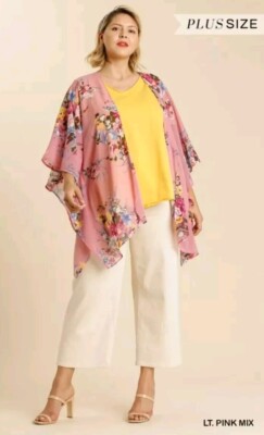 Umgee Womens Plus Size XL/1XL Kimono Pink Floral Cover-Up Flowy Oversized 