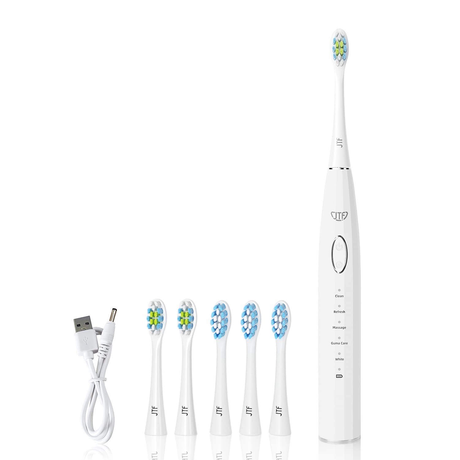 JTF Sonic Electric Toothbrush 5 Clean Modes.Smart Timer with 5 Replacement Heads