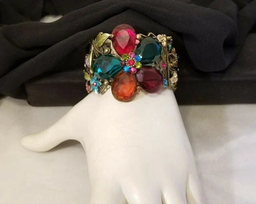 GORGEOUS Cuff Bracelet w Multi-color Glass Flowers and Cabochons LOOKS VINTAGE