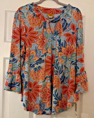 Ruby Rd Women's 2X Patio Party 3/4 in Bell Sleeve Shirt, Top, Blouse rounded hem