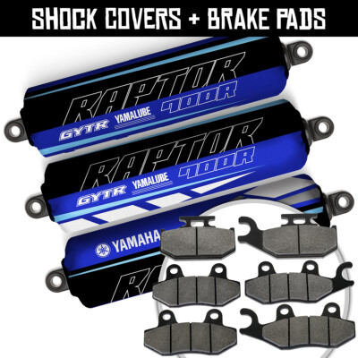 Front + Rear Blue Shock Covers + Brake Pads for Yamaha Raptor 700 R SE 2006-2012