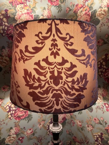 Drum Lamp Shade Fabric Damask Design Taupe w Raised Mauve Velvet Pre-owned - Picture 6 of 6