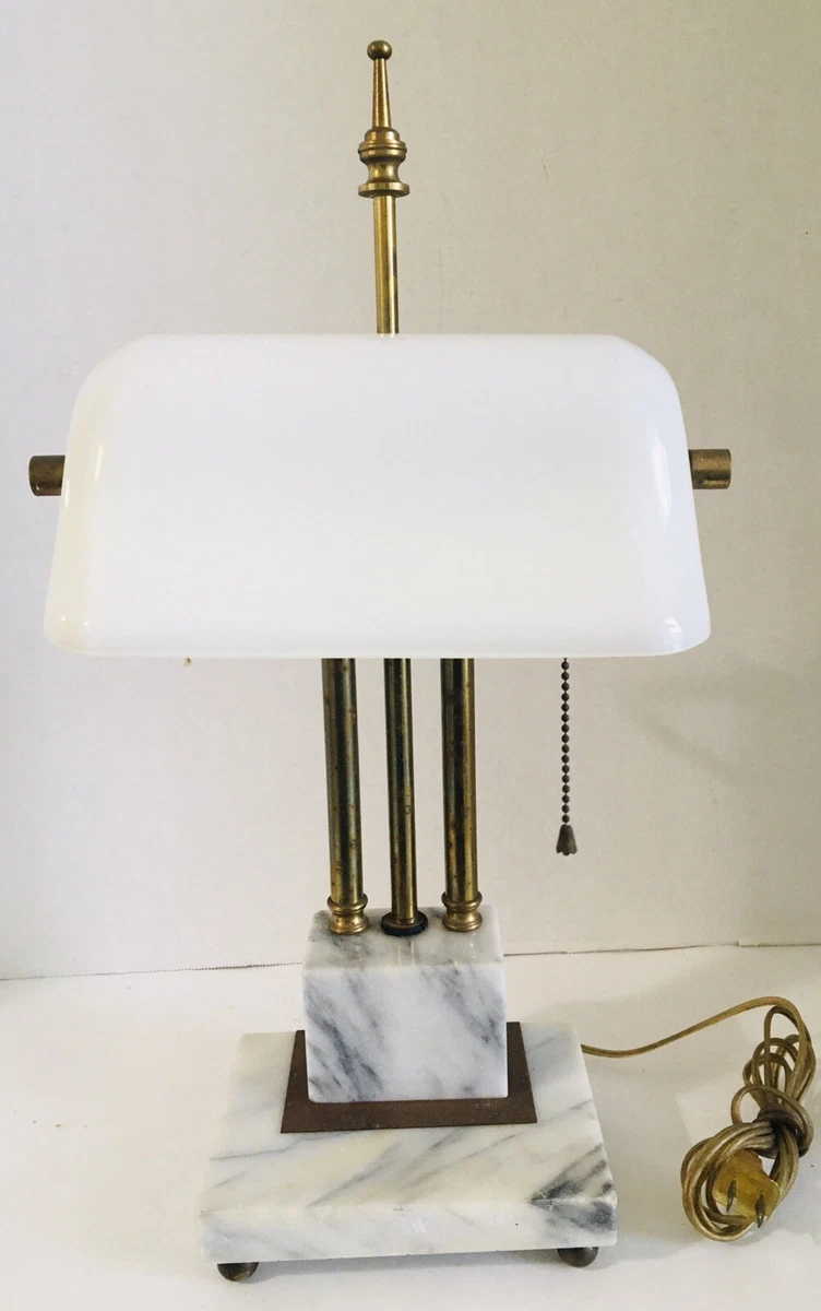 Vintage Brass White Marble Bankers Lamp White Milk Glass Shade 19.75