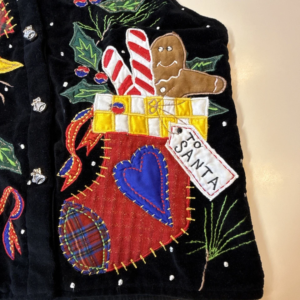 Vintage Embroidered Christmas Vest CARRIE ALLEN Medium Stocking Angel Holly Star - Image 2 of 4