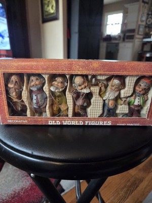 Vintage Old World Figures Ornaments Set of 6 Elves Dwarves in Box Hand Painted
