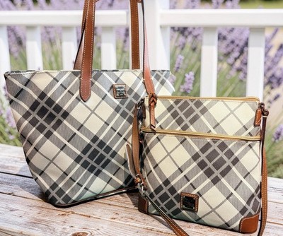 Dooney Bourke Set Bundle Gray White Harding Plaid Large Tote & Crossbody Bags