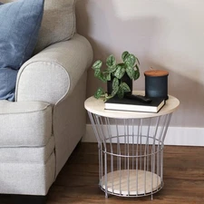 Wire Pedestal End Table with MDF Pull-Open Tabletop - Cream by Sunnydaze