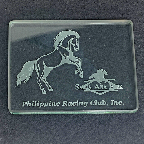 Philippine Racing Club Etched Glass Paperweight Santa Ana Horse Race ...