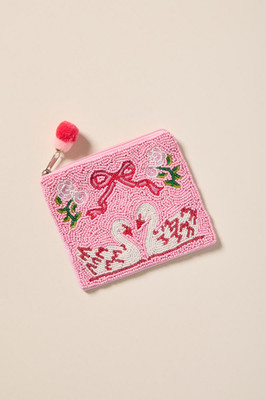 Viral Beaded Swan Pouch Pink Seed Bead Mini Pom-Pom Zipper Pull Coquette Bow NWT