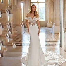 Vintage Lace Applique Mermaid Wedding Dress 3D Flower Off Shoulder Bridal Gown