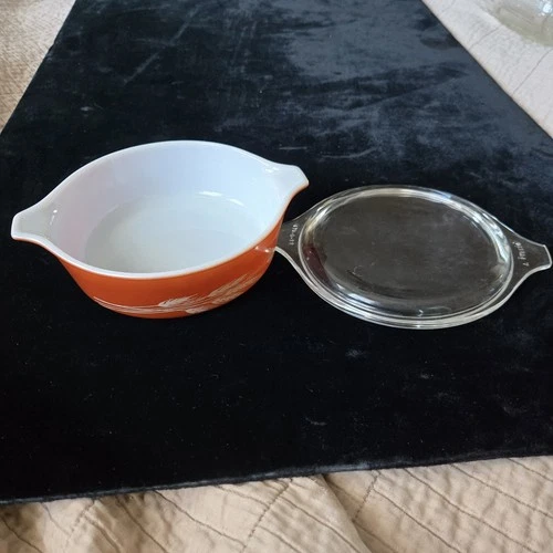 Pyrex Autumn Harvest Wheat Small Round Dish lid Brown White Vintage 500ml 471B