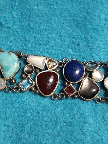 925 Silber Vintage Türkis Karneol & MultiStein Kette Armband 8 1/4" - Bild 5 von 14