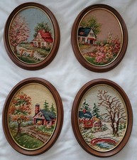 VTG Antique Set 4 Seasons Oval Frame Needlepoint Cross-stitch Cottage Core SWEET