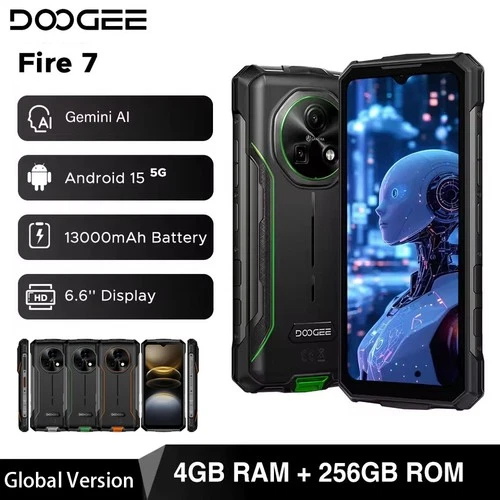 هاتف DOOGEE Fire 7 5G المتين بسعة 13000 مللي أمبير في الساعة ونظام تشغيل أندرويد 15 بدقة 64 ميجابكسل وكثافة 6300 و16 جيجابايت + 256 جيجابايت