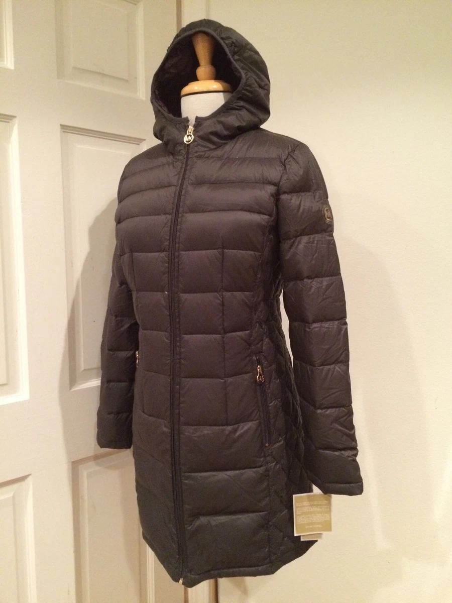 Michael Kors Lightweight Long 3 4 Coat Packable Down Hood Dark Olive XS 240