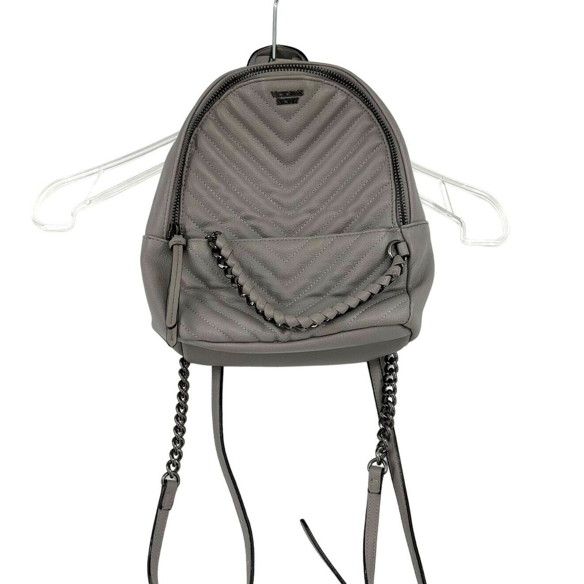 Victoria's Secret Mini Quilted Backpack Handbag Faux Leather Gray Chain  Detail