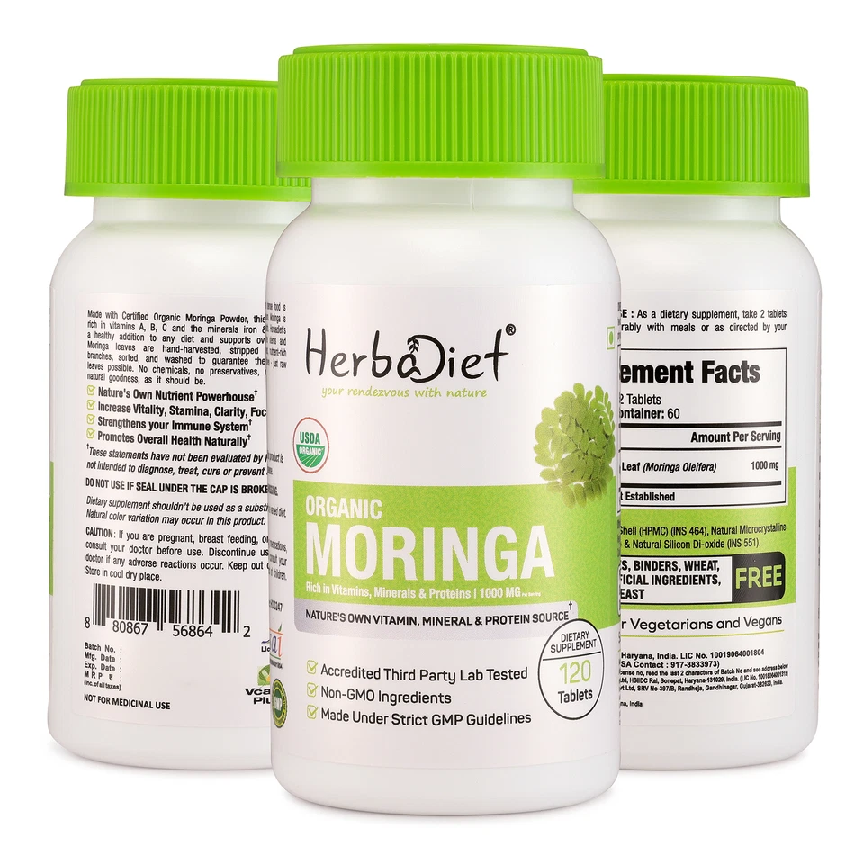 Tabletas en polvo de hoja de Moringa oleífera orgánica superalimento suplemento multivitamínico Foto 4 de 4