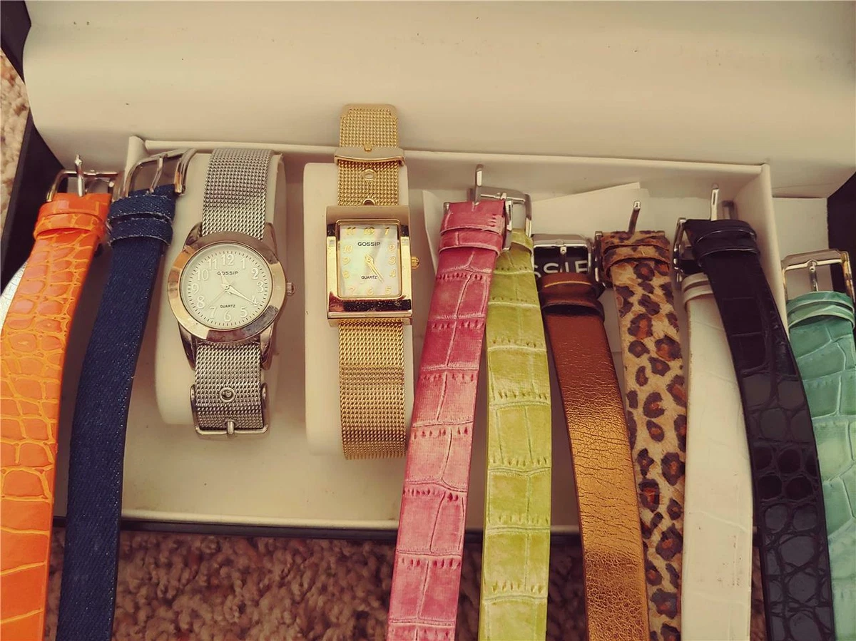 GOSSIP WATCH SET TWO WATCHES 12 WATCHBANDS WRIST BANDS GOLD SILVER