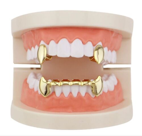 14K Gold Plated Upper Top Single Fangs & Lower Teeth Bridge Fang Grillz 3pc Set - Picture 1 of 3
