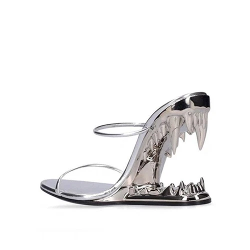 Neu Metallzähne Sandalen mit profilierten Absätzen modische hochhackige Damensandalen - Bild 3 von 39