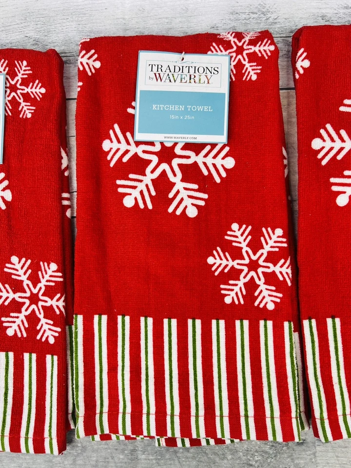 Toallas de cocina vintage Waverly Navidad copos de nieve rojo blanco - Lote de 3 Foto 4 de 4