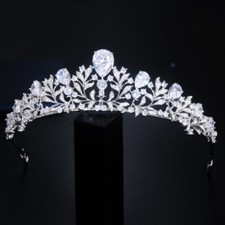 Silver Plated Cubic Zircon Leaf Tiara Crown for Women Engagement Wedding Brides