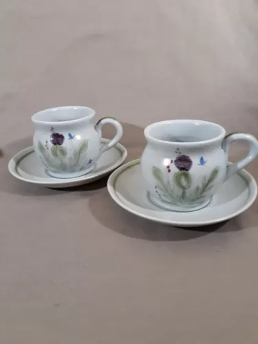 Two Buchan Portobello Thistleware Flat Cup & Saucer Sets Blue HP Scotland