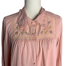 Vintage 60s Embroidered Long Nightgown S Pink Buttons Bell Sleeves Lace Trim