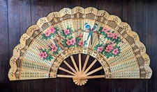 Grande Ventaglio Legno Bamboo Uccelli Fiori Vintage Metà '900 Cina Oriente Bambu