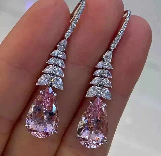 2.80Ct Pear Cut Lab-Created Morganite Drop Dangle Earring 14K White Gold Plated - Image 4 of 4