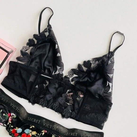 PEQUEÑO Victoria’s Secret Sujetador Floral Negro Conjunto Bralette 100% Seda Tanga Bragas Foto 4 de 4