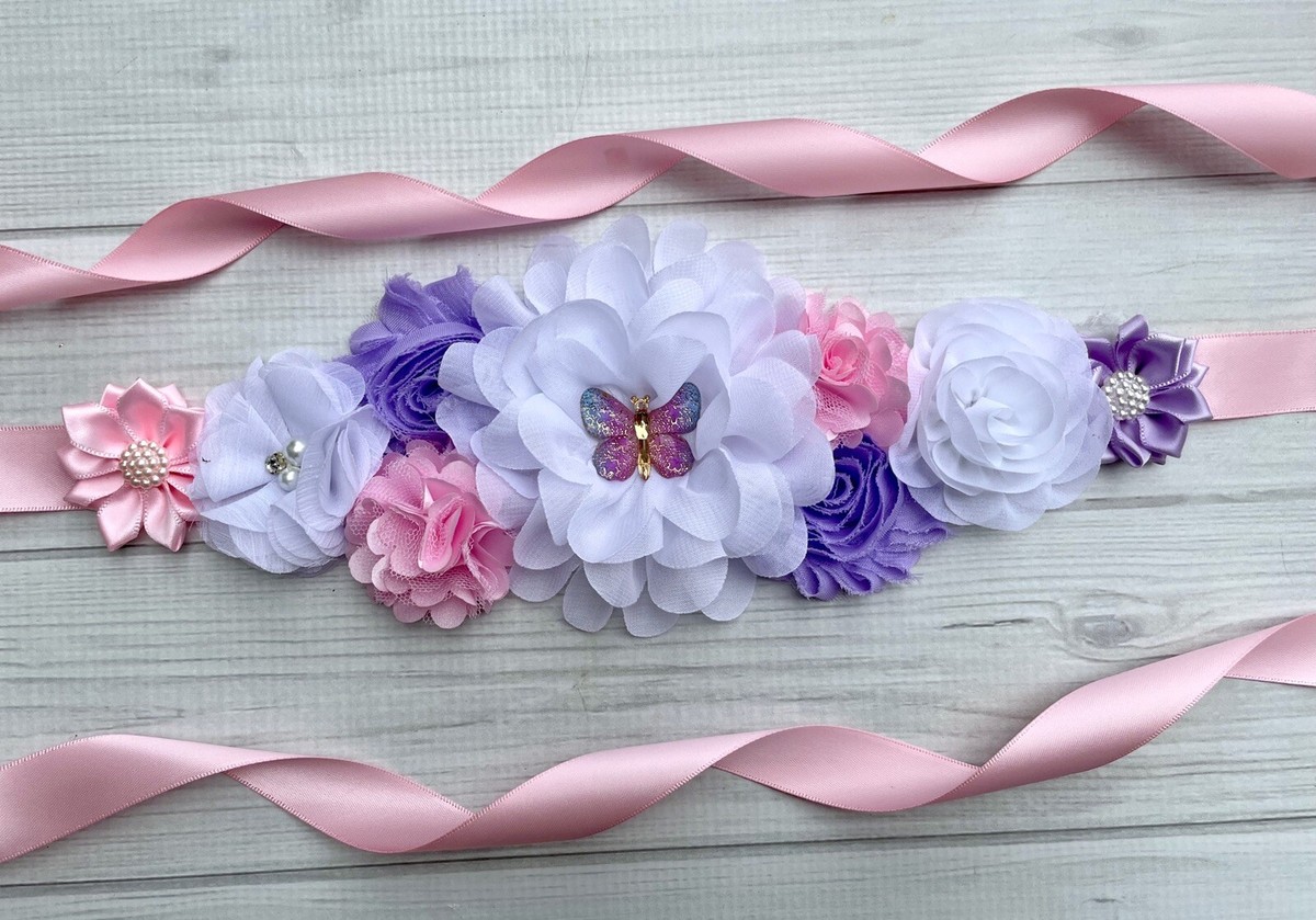 Pink Lavender White Butterfly Maternity Sash Belt /Baby Shower
