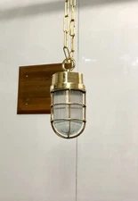 Vintage Brass Nautical Pendant Light Ribbed Glass Ceiling Cargo Ship Fixture
