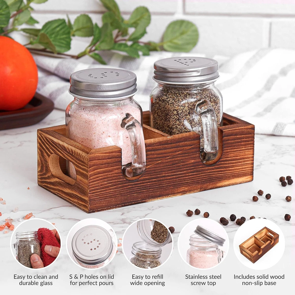 Jar Salt Pepper Shakers Set with Wood Caddy Easy Clean Refill