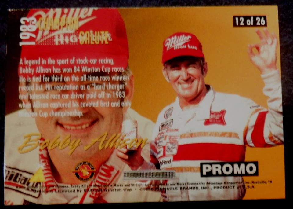 Bobby Allison Champion Salute promo card #12, 1996 Pinnacle Zenith - Image 2 of 4