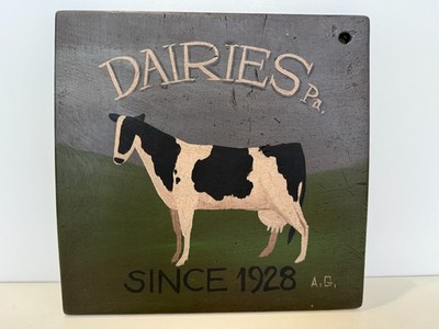 Arthur Glazier Folk Art Original Painting Wood Board, ''Dairies Pa'' Holstein Cow