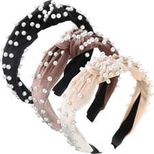 3 Pieces Pearls Headband Knotted Headband for Women Velvet Pearls Headwear for W