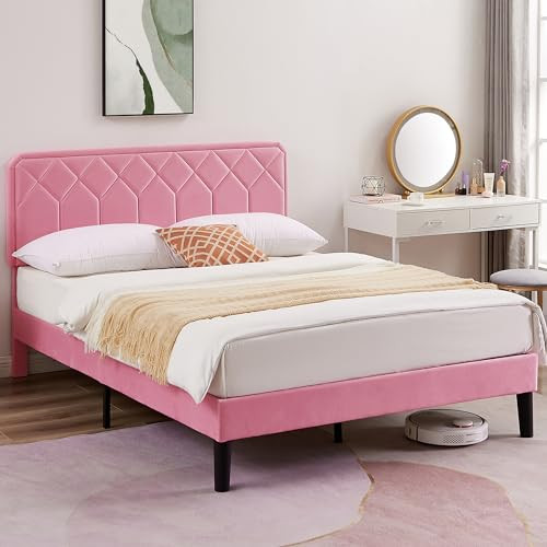 Full Size Velvet Upholstered Platform Bed Frame with Adjustable Height