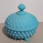 Vintage Fenton Hobnail Turquoise Blue Satin Milk Glass Footed Candy Dish w/Lid