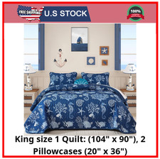 Coastal King Size Quilt Set 3 Pcs, Summer Blue Beach Theme Quilts with Pillowcas