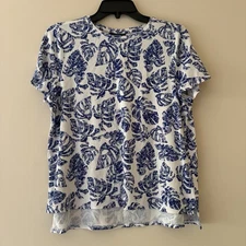 Alfani Petite Women’s Leaf Print Knit Top Blue White Short Sleeve PM