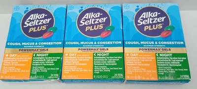 3x Alka-Seltzer Plus Cough, Mucus & Congestion Day & Night~ 24 Liquid Gels 9/26