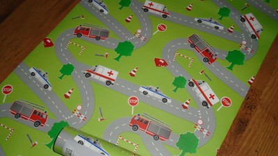 Kindertapete Feuerwehr Polizei Auto Krankenwagen Design, 1 Rolle versiegelt