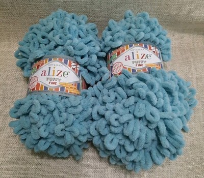 Alize Puffy Fine Yarn LOT of 2 color Dusty Blue, Finger Knitting No Hooks Needed