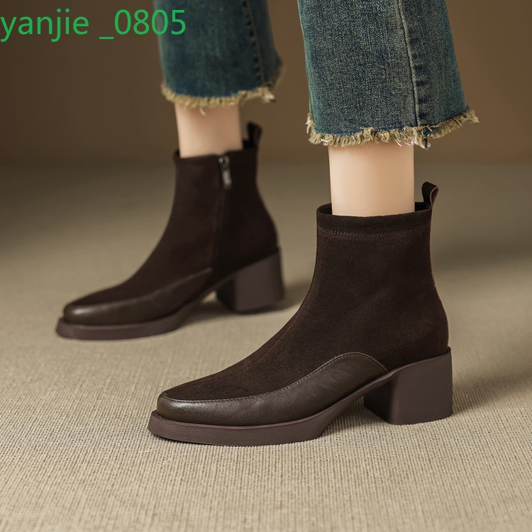 Women's Suede Leather Ankle Boots Side Zip Shoes Block Heel Pointed Toe Formal