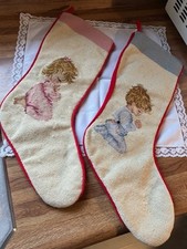 Vintage Wool Needlepoint Christmas Stockings Child Prayers Set/2