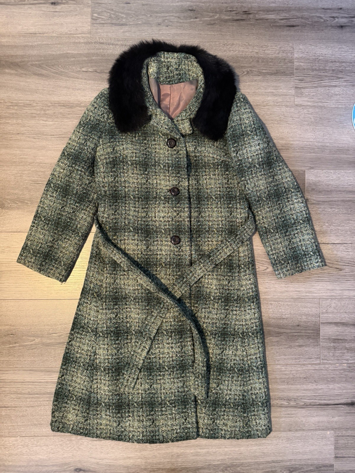Vintage Green Wool Tweed Coat By Distinction By Stephen Size 8 Faux Fur Collar