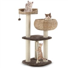 41" Water Hyacinth Cat Tree With 3 Sisal Scratching Posts Multi-Level Brown