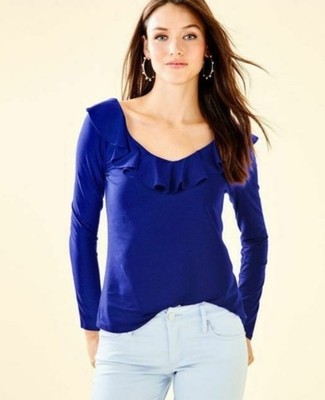 Lilly Pulitzer Large Alessa Ruffle Long Sleeve Shirt Blue Preppy Nautical Small 